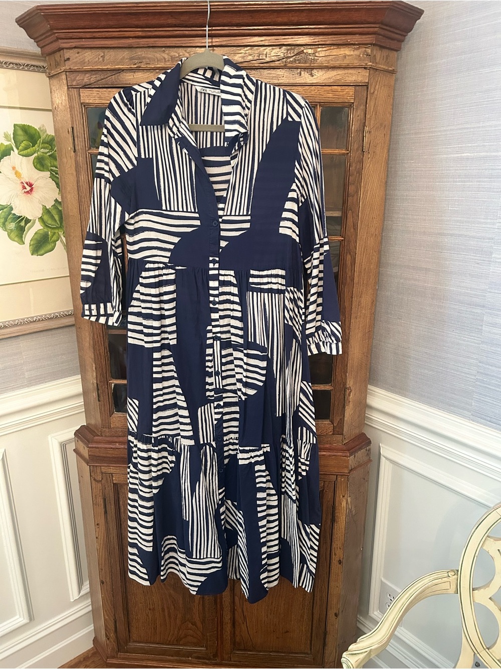 Zara Navy & White Striped Midi Shirt Dress